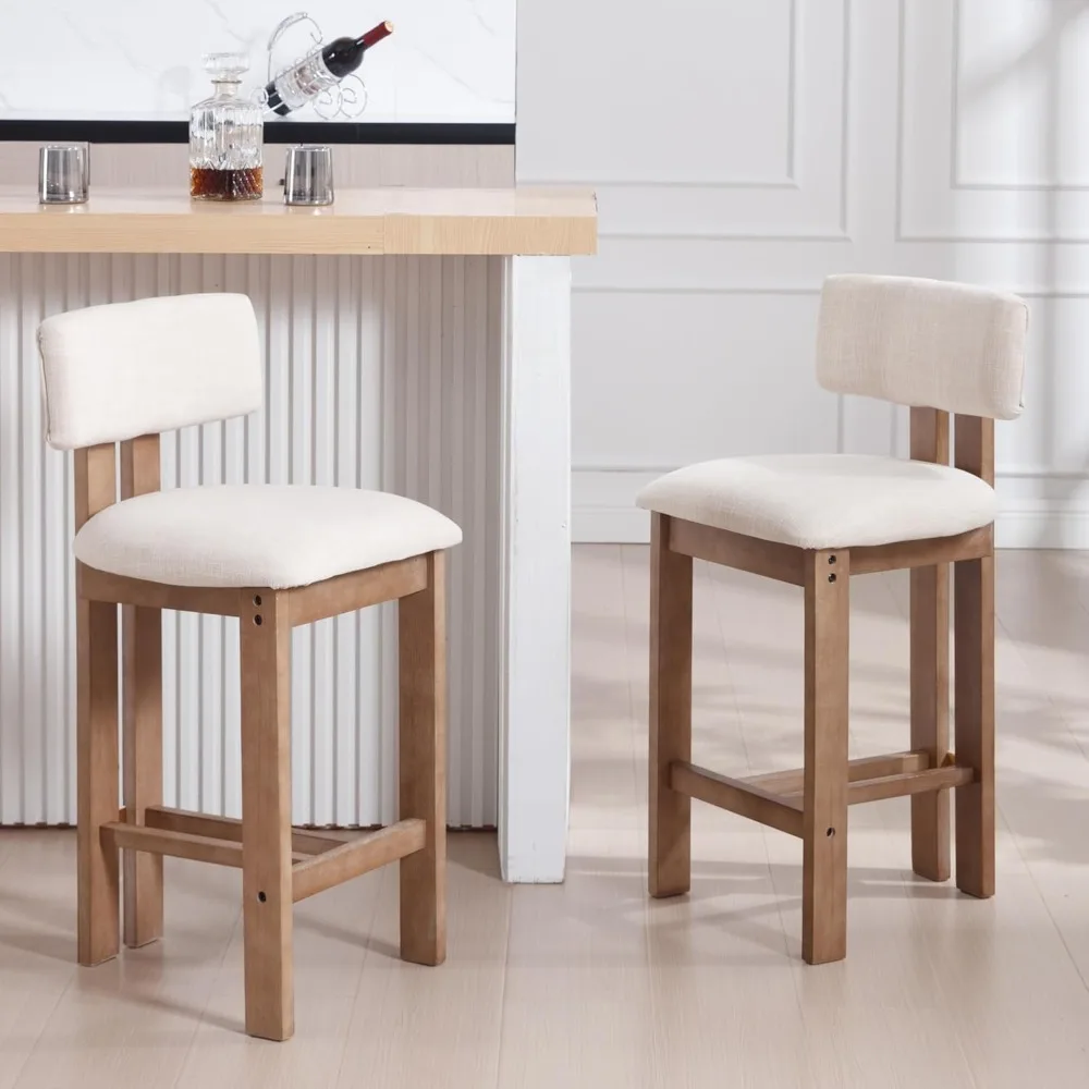 26” Counter Stools Set of 2 Counter Height Bar Stools with Back and Solid Wood Legs Modern Farmhouse Linen Upholstered Kitchen B