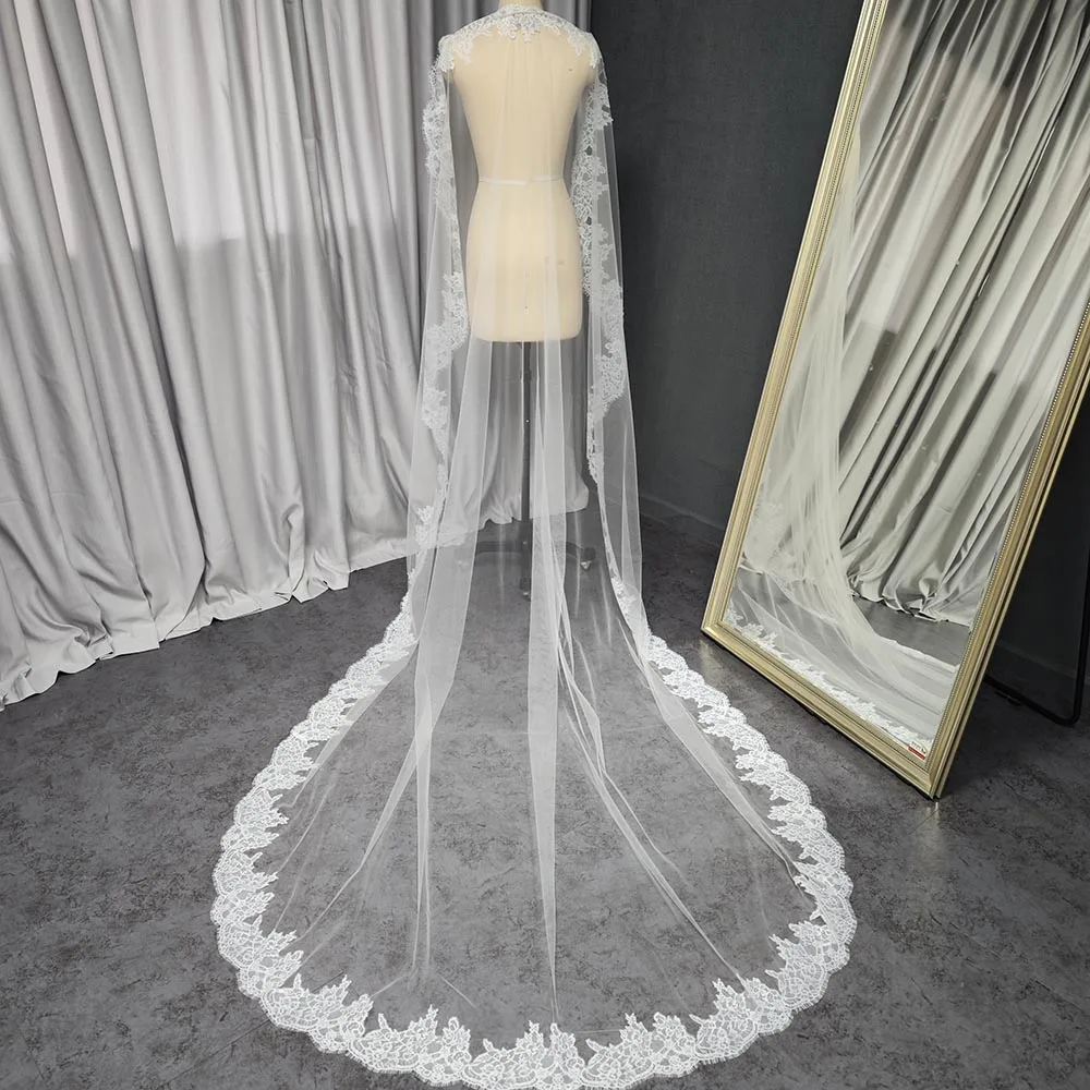 Véu de casamento romântico personalizado com renda de cílios, véu de noiva com pente oculto, 3m de comprimento, 1.5m de largura, marfim, camada única