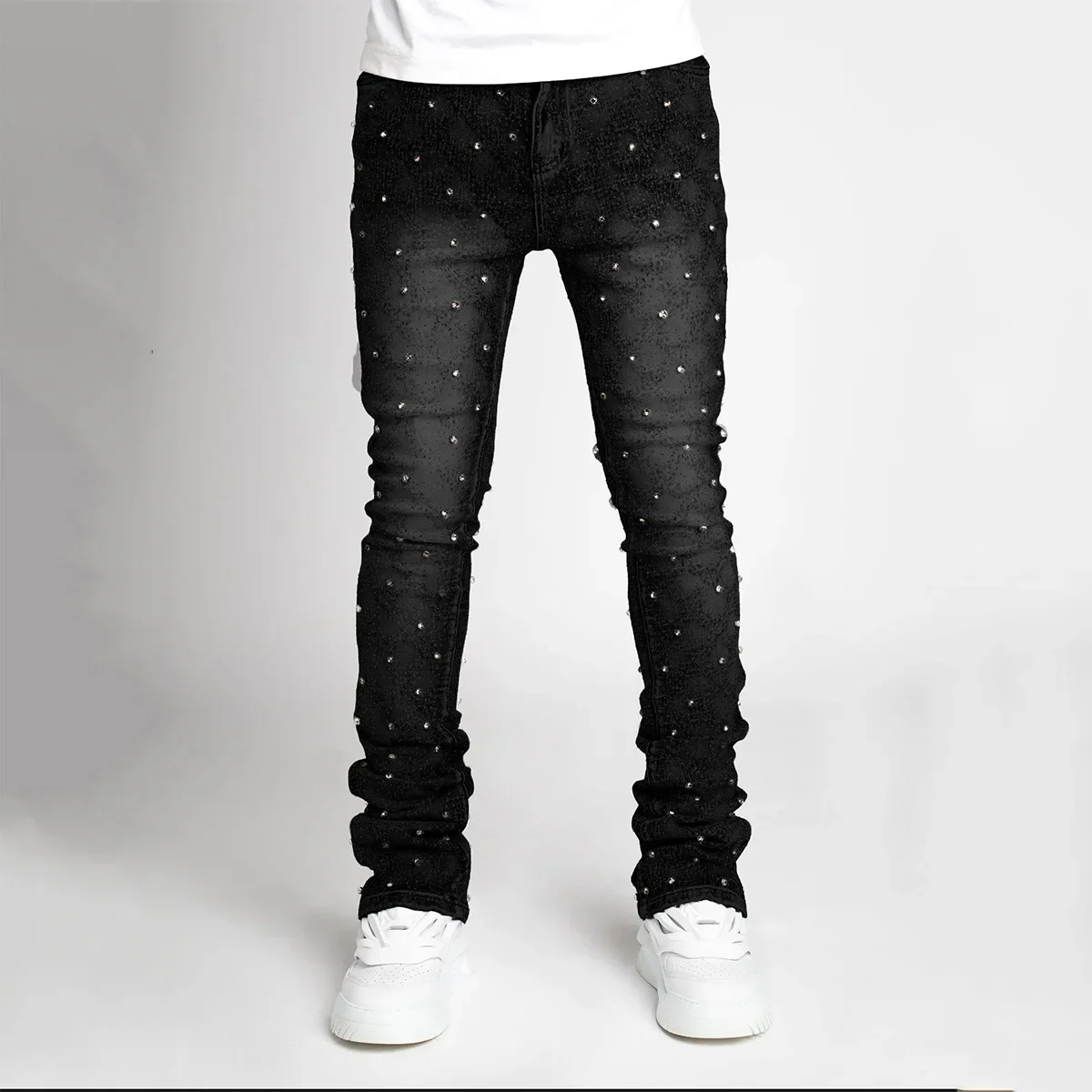Herren-Jeans, modisch, gerade, dehnbar, Perlen-Denim, laminierte Hose für Herren