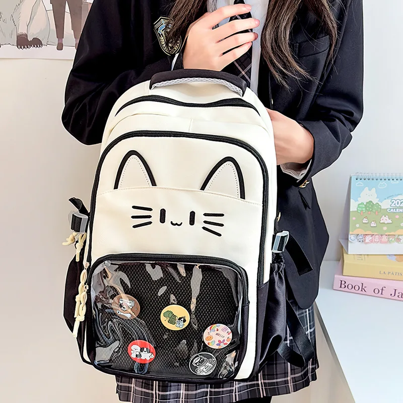 Mochilas Y2K con bonito gato Ita, mochila informal de gran capacidad para chica, mochila transparente con pantalla DIY, mochilas escolares de viaje a la moda con dibujos animados