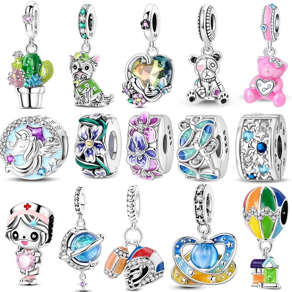 Novo 925 prata esterlina gradiente azul trevo de quatro folhas rosa íris charme caber pulseira original diy jóias acessórios contas