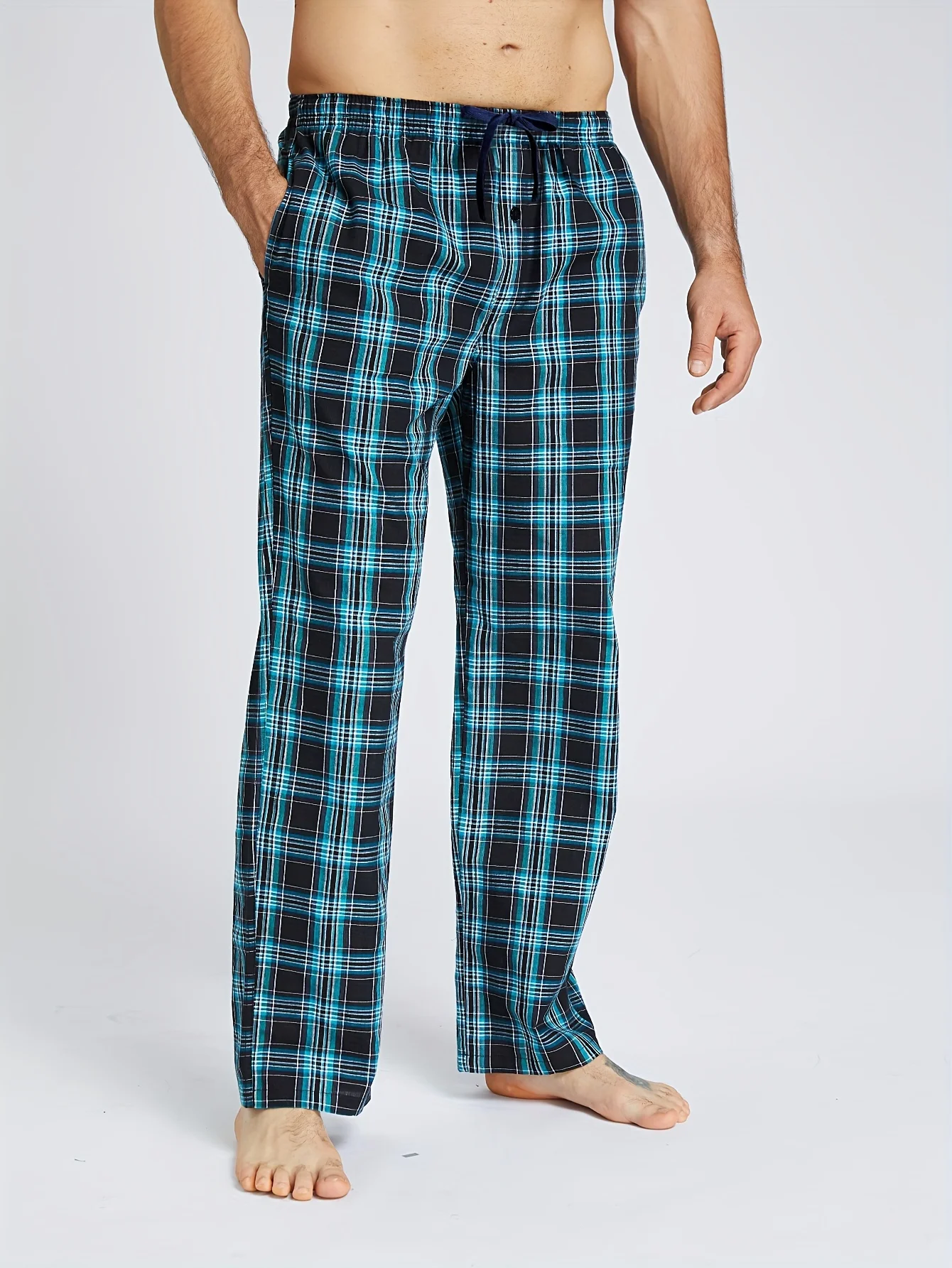 Herren-Pyjamahose, Herbst, neu, kariert, 100 % Baumwolle, dünn, weich, bequem, elastischer Bund mit Taschen, Heim-Lounge-Hose