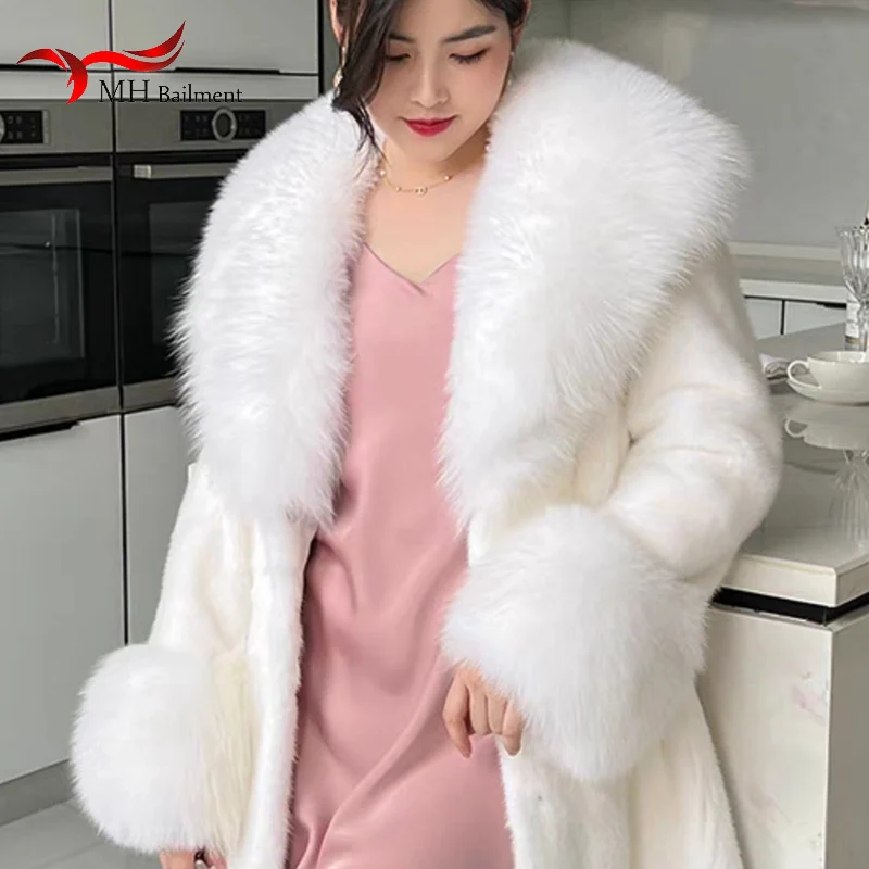 Bufanda grande de piel de zorro sintética para mujer, chaquetas cálidas y esponjosas, conjunto de puños y cuello de piel Artificial a la moda, bufandas esponjosas para mujer