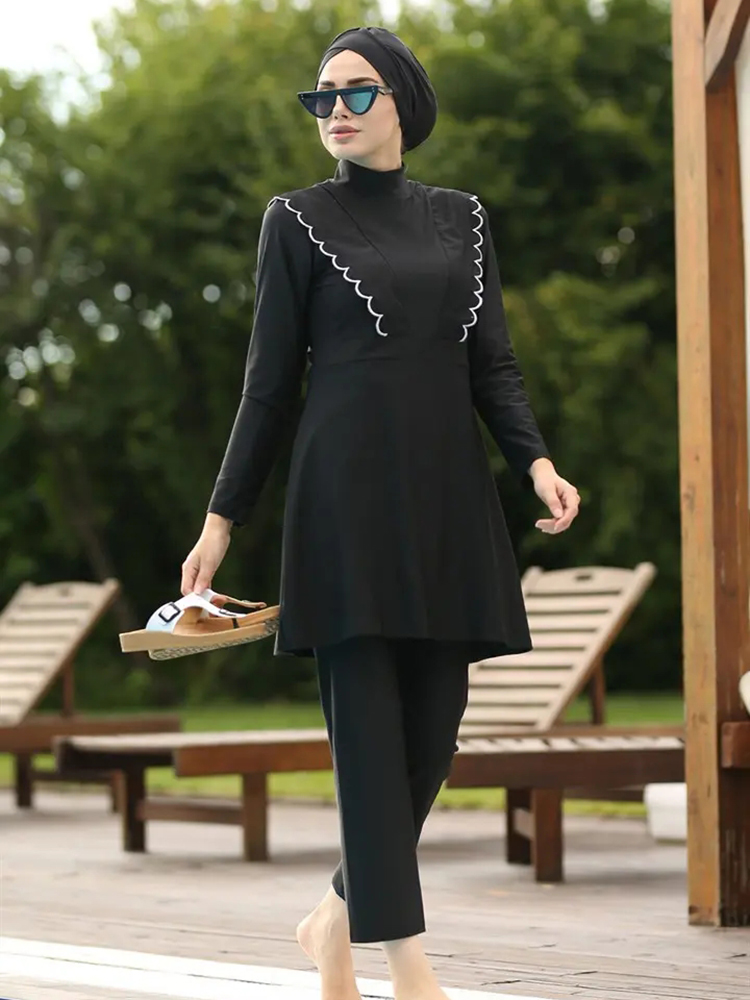 3 Stück muslimische islamische Langarm Badeanzug bescheidene Bade bekleidung Frauen Badeanzug volle Abdeckung Burkini Lotus Blatt gekräuselte Kante Design