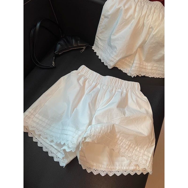 White Lace Trim Patchwork Casual Shorts for Women's High Waisted Wide Leg Vacation Beach Pants Loose Thin Bottoms Home Shorts