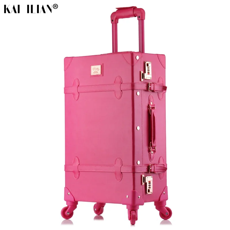 Conjunto de bagagem de couro PU para mulheres, cabine rosa com rodas, carrinho retrô, moda para meninas, 20 ", 24", 26"