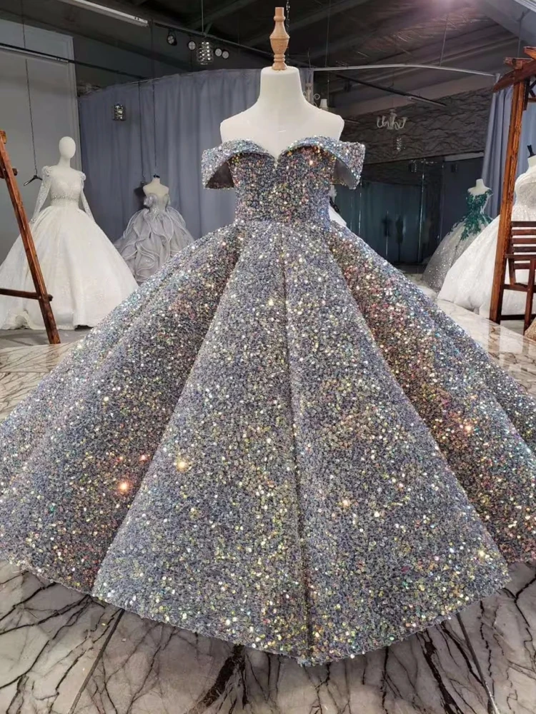 ที่กําหนดเองชุดสาวดอกไม้ Ball Sparkly Sequins ลูกปัดเจ้าหญิงเด็กประกวดประสิทธิภาพ First Communion Gowns