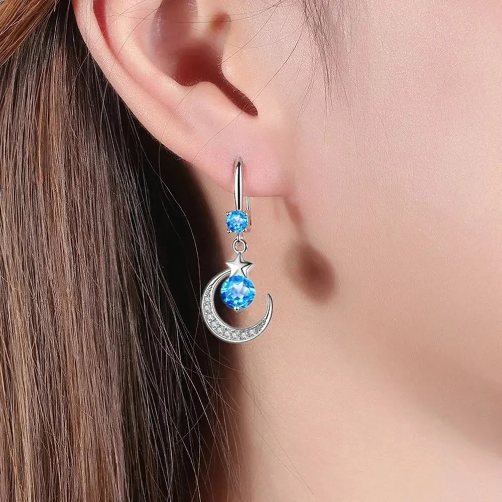 Boucles d'oreilles étoile lune pour femmes, en argent Sterling 925, saphir blanc, rose, bleu, blanc, artificiel