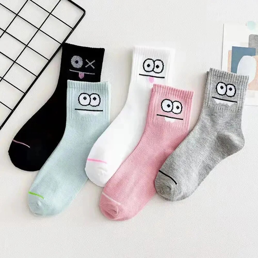 5 Pairs Women's Cute Expression Printed Ankle Socks Comfort Interesting Spring Autumn Medium Tube Sock Kawaii Girls' Short Socks
