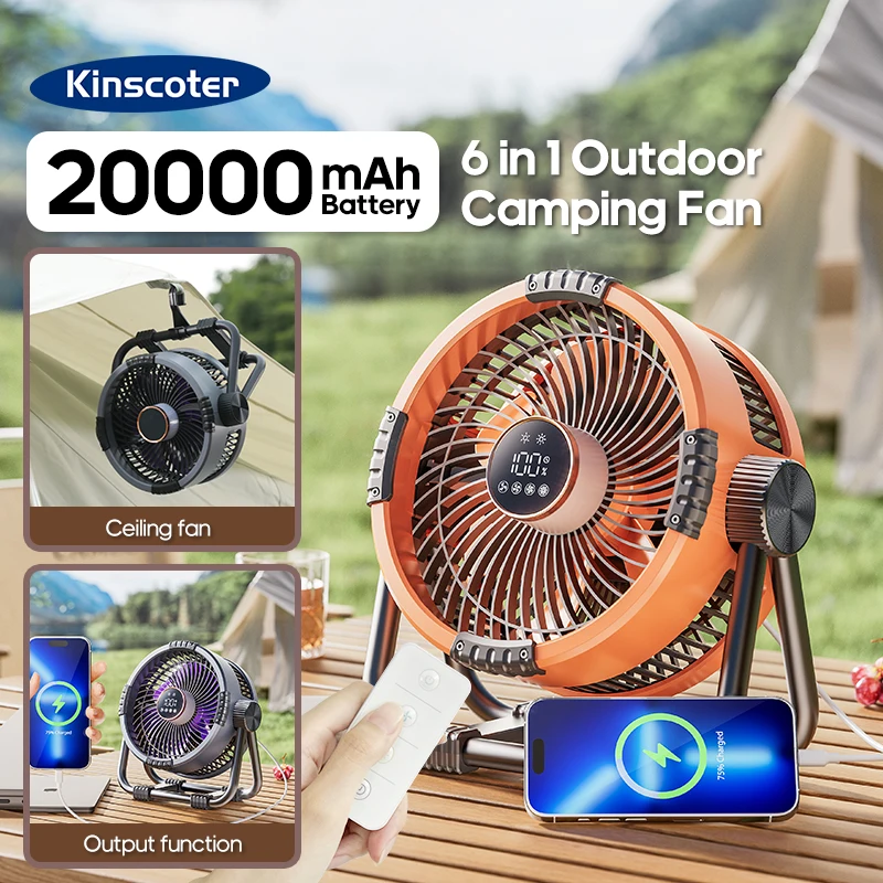 Nuevo ventilador para acampar al aire libre 6 en 1, ventilador de techo inalámbrico portátil recargable de 20000mAh para tienda, ajuste de 4 velocidades con gancho y luz LED
