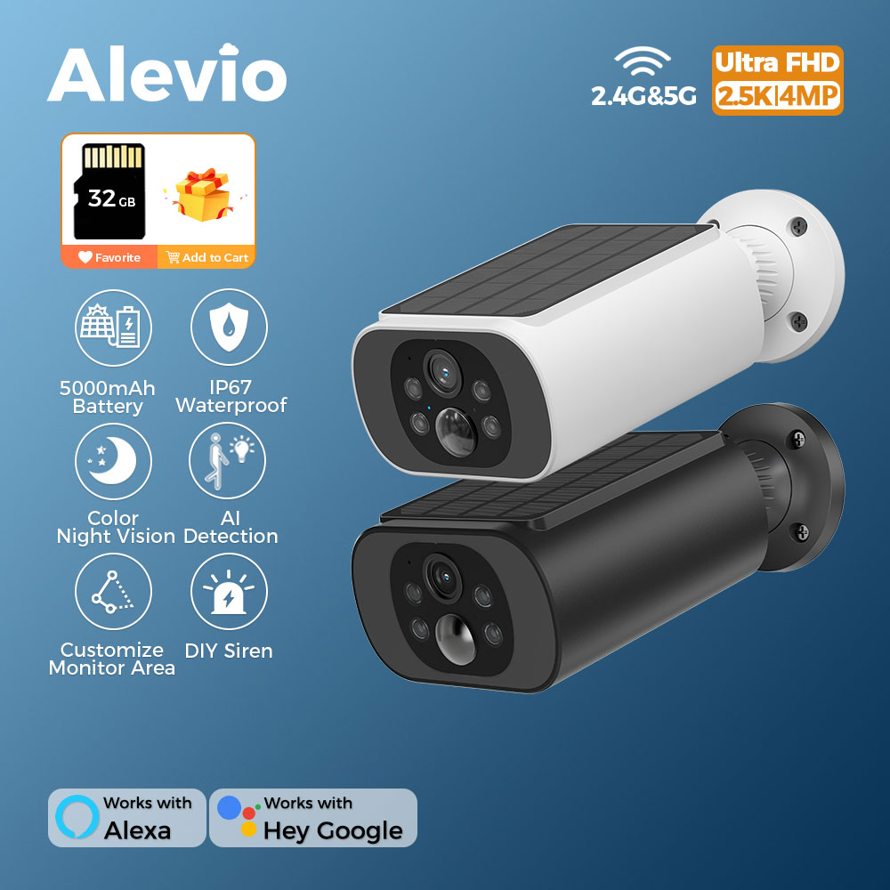 ALEVIO 2.5K Outdoor Solar Camera Wireless Cam WIFI Ultra Standby Time PIR Motion Light Color Night Vision AI Detect Battery Cam