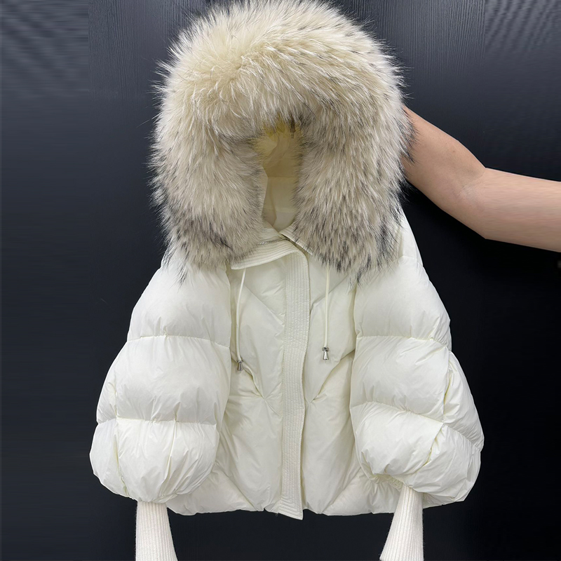 Jaqueta de Pluma com Mangas Tricotadas ssas para Mulheres, Casaco com Capuz de Crimento Médio e ande Gola de Pelo, Es...