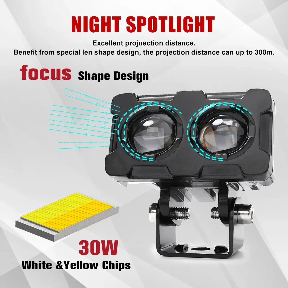 1 Uds. Foco de lente LED para motocicleta de 60W, foco de lentes dobles, lámpara antiniebla auxiliar para motocicletas, luz blanca y amarilla de doble Color