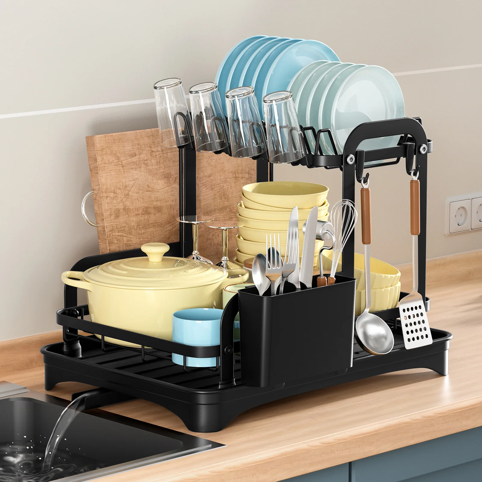 Organizzatore da cucina per scolapiatti a 2 livelli, scolapiatti, con cestello di scarico, ripiano per stoviglie, scolapiatti