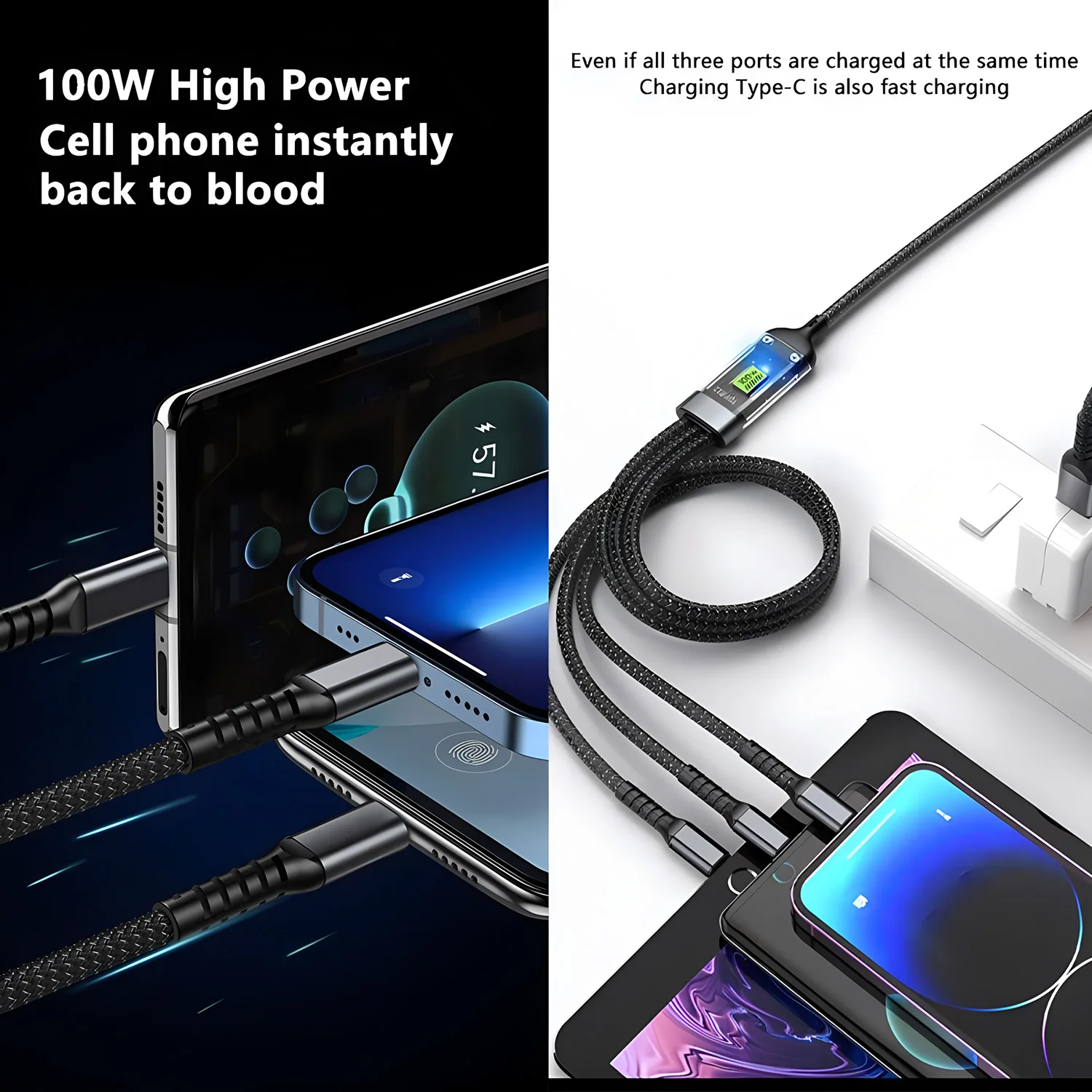 100W Super Rápido Carregamento USB C Tipo 3 Em 1 Cabo de Dados Com Luz Para IPhone Samsung Xiaomi Huawei Cabos de Carregamento Rápido