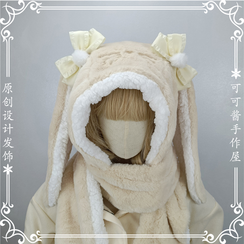 Gorro de felpa con Orejas de conejo lolita japonés kawaii, bufanda, guantes, tríada, gorro de ciclismo, sombreros de invierno para estudiantes