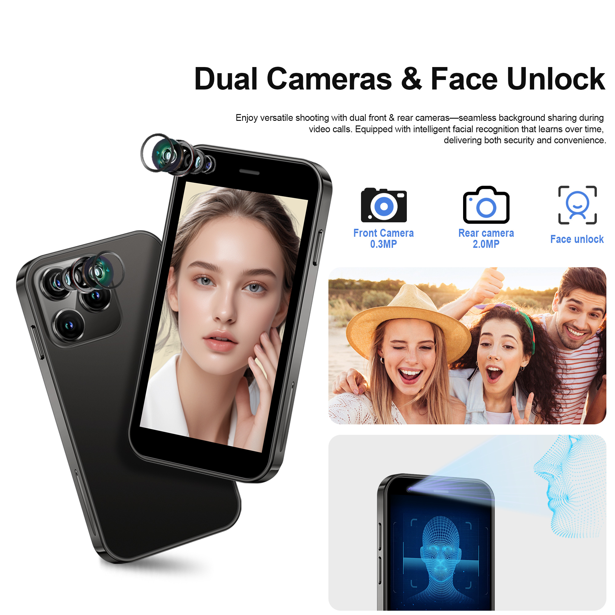 SERVO Mini Smartphone 3.0" Display 2GB+16GB 3G WCDMA Facial Recognition WiFi GPS Play Store Android Smart Phone Dual SIM Standby