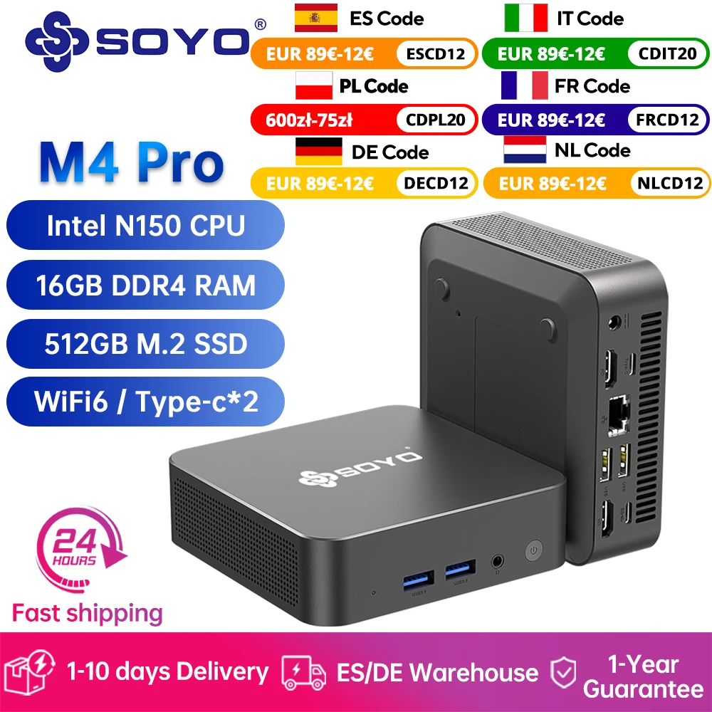 Soyo M4 Pro Mini Pc Intel Alder Lake N150 16Gb Ddr4 512Gb Ssd Wifi 6 Bt5.2 Win11 Pro Draagbare Mini Desktop Draagbare Computer