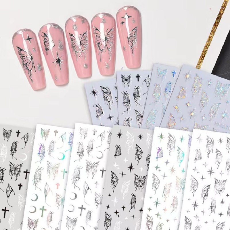 Silver Metal Butterfly 3D Nail Sticker Black White  Butterflies Star Adhesive Slider Wraps Manicure Gel Polish Decals
