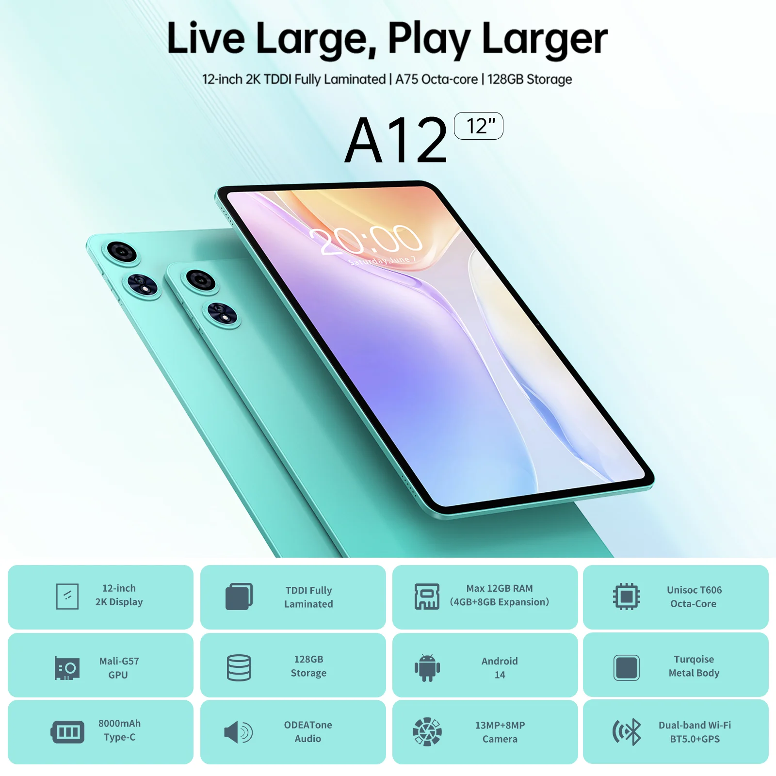 Odea A12 android 14 tablet, t606 8-core, 4gb 8gb ram 128gb rom, 12 zoll 2000x1200 display, 8000mah, widevine l1, 13mp kamera