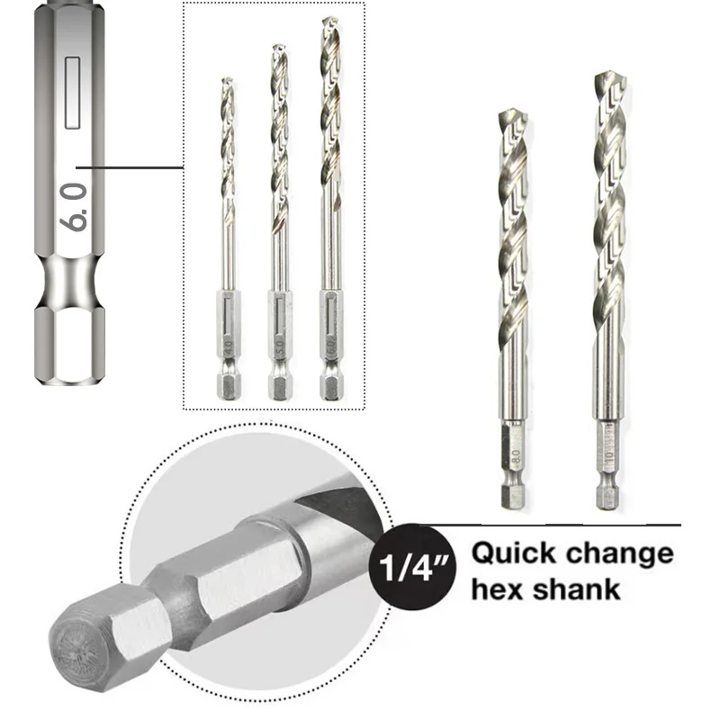 5Pcs HSS High Speed Steel Twist Drill Bit 1/4 Hex Shank Replacement Hexagonal Handle Steel Power Tool 3/4/5/6/8/10mm
