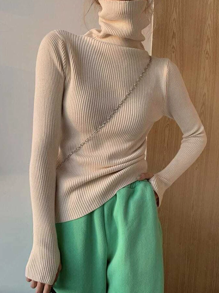 ถักเสื้อกันหนาวผู้หญิงเกาหลีรุ่นเสื้อคอเต่าฤดูหนาวสีทึบPullover SlimmingภายในLapping Warm Basic Tops