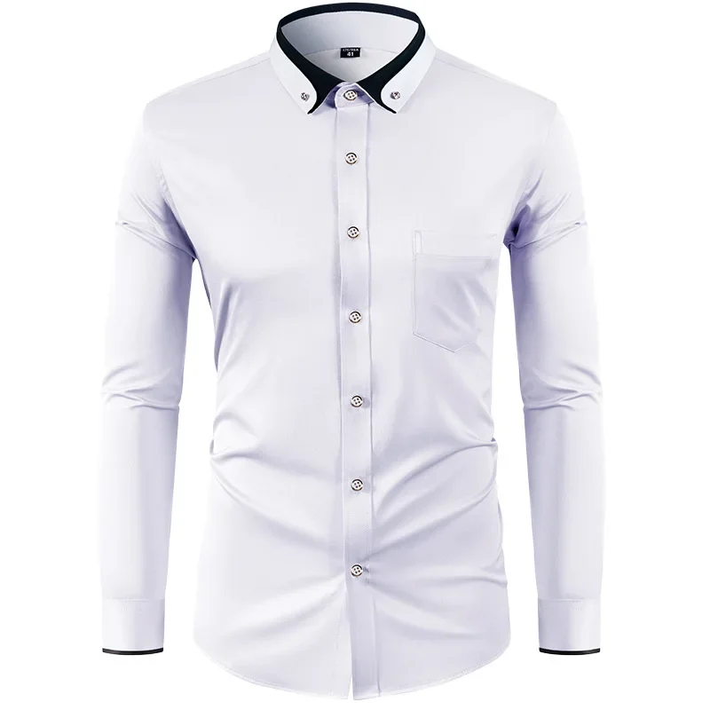 Camisa de manga larga elástica para hombre, camisa con hebilla de diamante, diseño de cuello contrastante, color sólido, ajustada, ropa para hombre