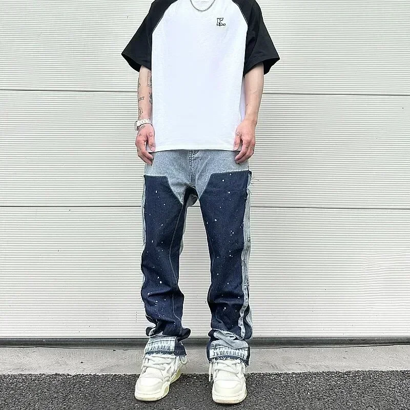 ยุโรป/อเมริกา retro อินเทรนด์ spliced กางเกงยีนส์ street สไตล์อเมริกัน bootcut กางเกง spliced ink splash กางเกงยีนส์สําหรับชายคู่
