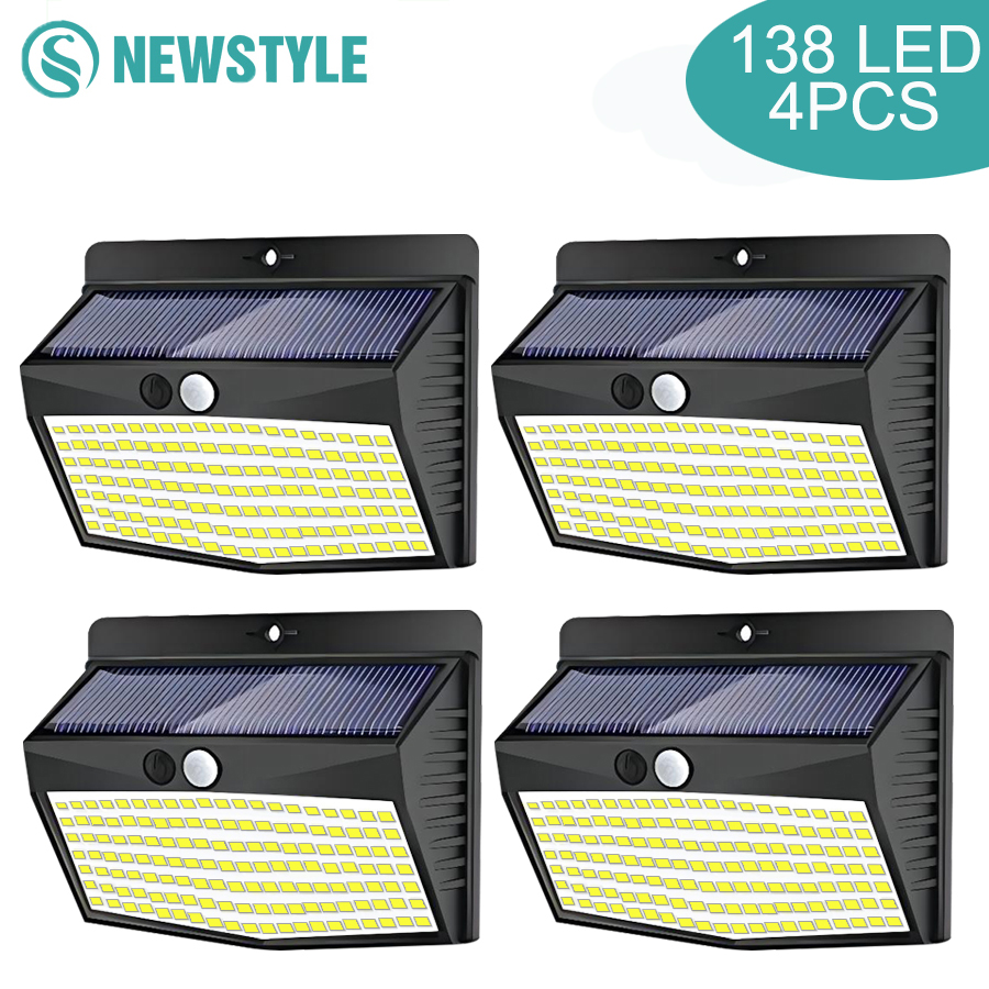 138 LED luz Solar al aire libre 4 Uds lámpara Solar de pared Sensor de cuerpo humano 3 modos impermeable decoración de jardín luces de calle alimentadas por luz Solar