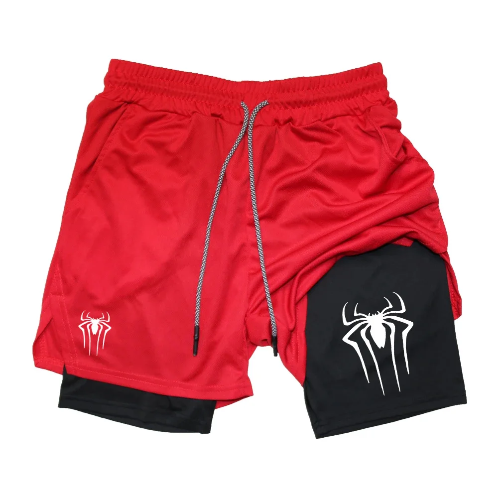 2024 ショーツ男性夏スパイダープリントジムカジュアルスポーツコンプレッションショーツワークアウトランニングメッシュ 2 で 1 スポーツショートパンツ