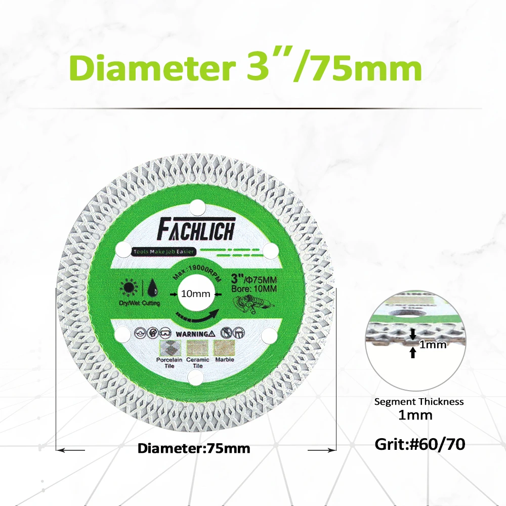 FACHLICH-disco de corte de diamante de 3 pulgadas y 75mm, cortador de azulejos de mármol, cerámica, porcelana, hoja de sierra de corte, Mini placa amoladora de 10mm