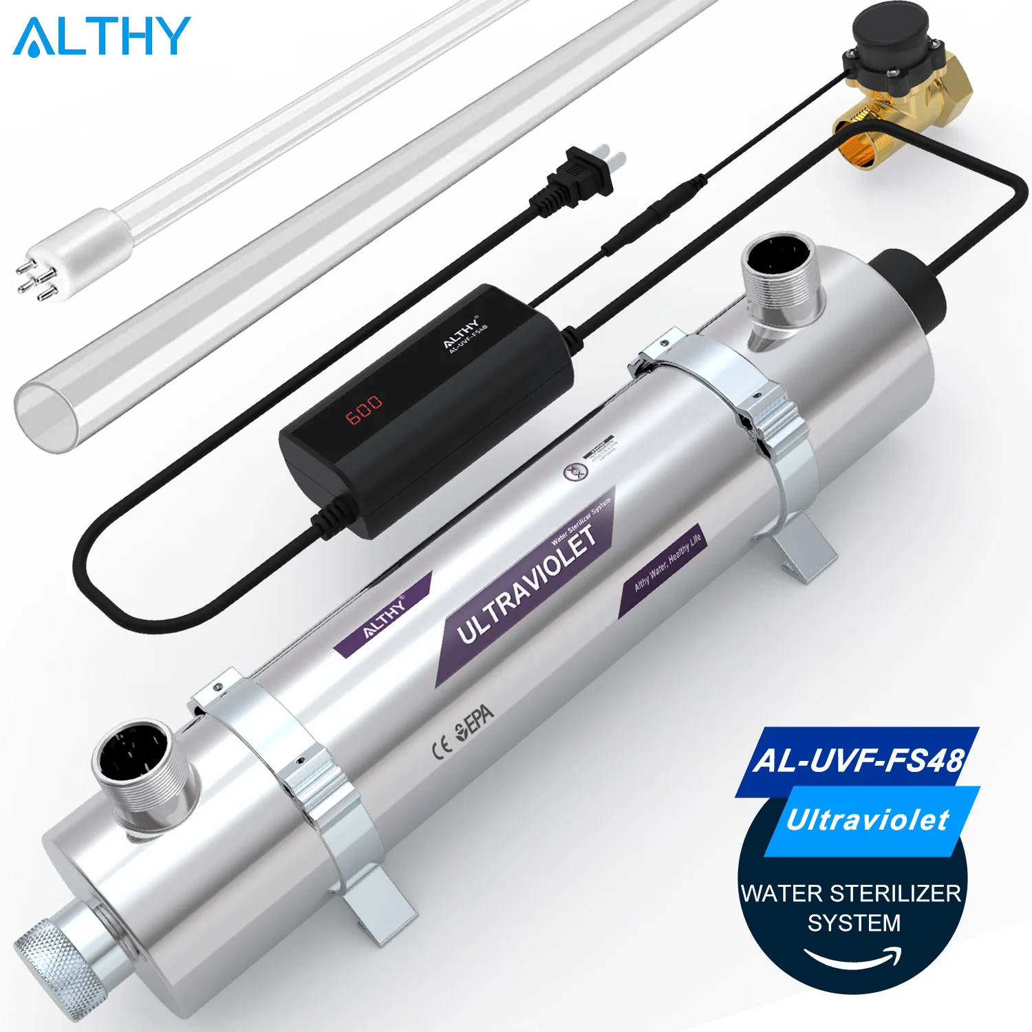 ALTHY Whole House UV Ultraviolet Water Sterilizer System Filter Purifier + Smart Flow Control Switch Stainless Steel 12GPM