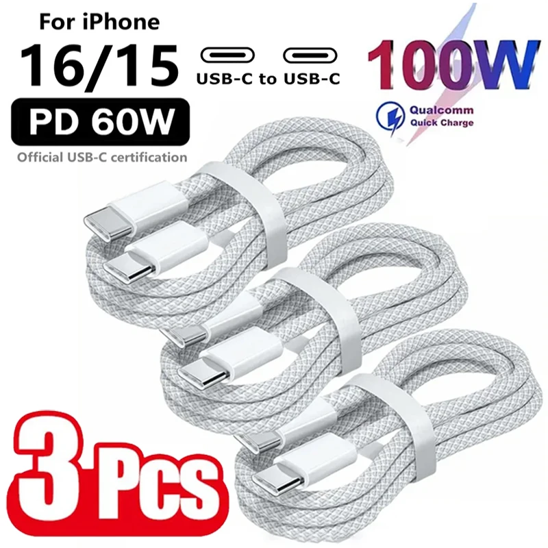 Cavo USB C da 3 pezzi a USB C Cavo caricabatterie di ricarica rapida da 100 W Supporta la ricarica rapida per iPhone 16 15 Samsung Xiaomi Huawei ecc