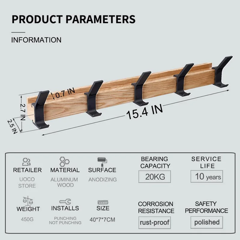 Appendiabiti nordico mobile a 5 ganci Appendiabiti da parete in metallo di alluminio per cappelli Asciugamani Vestaglie Appendiabiti in legno Mobili Perchero