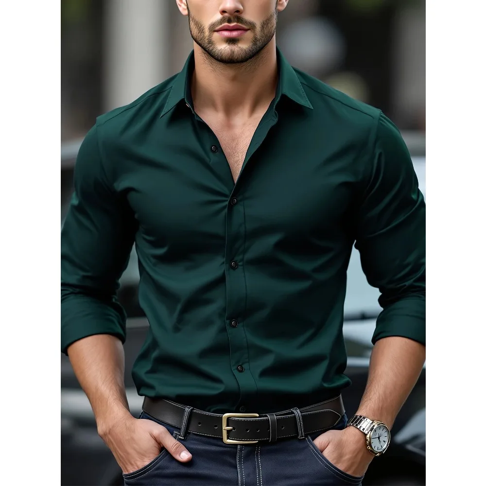FGKKS Camicia da uomo nuova nuovissima camicia basic di qualità maschile in tessuto elastico a maniche lunghe tinta unita da uomo in più colori