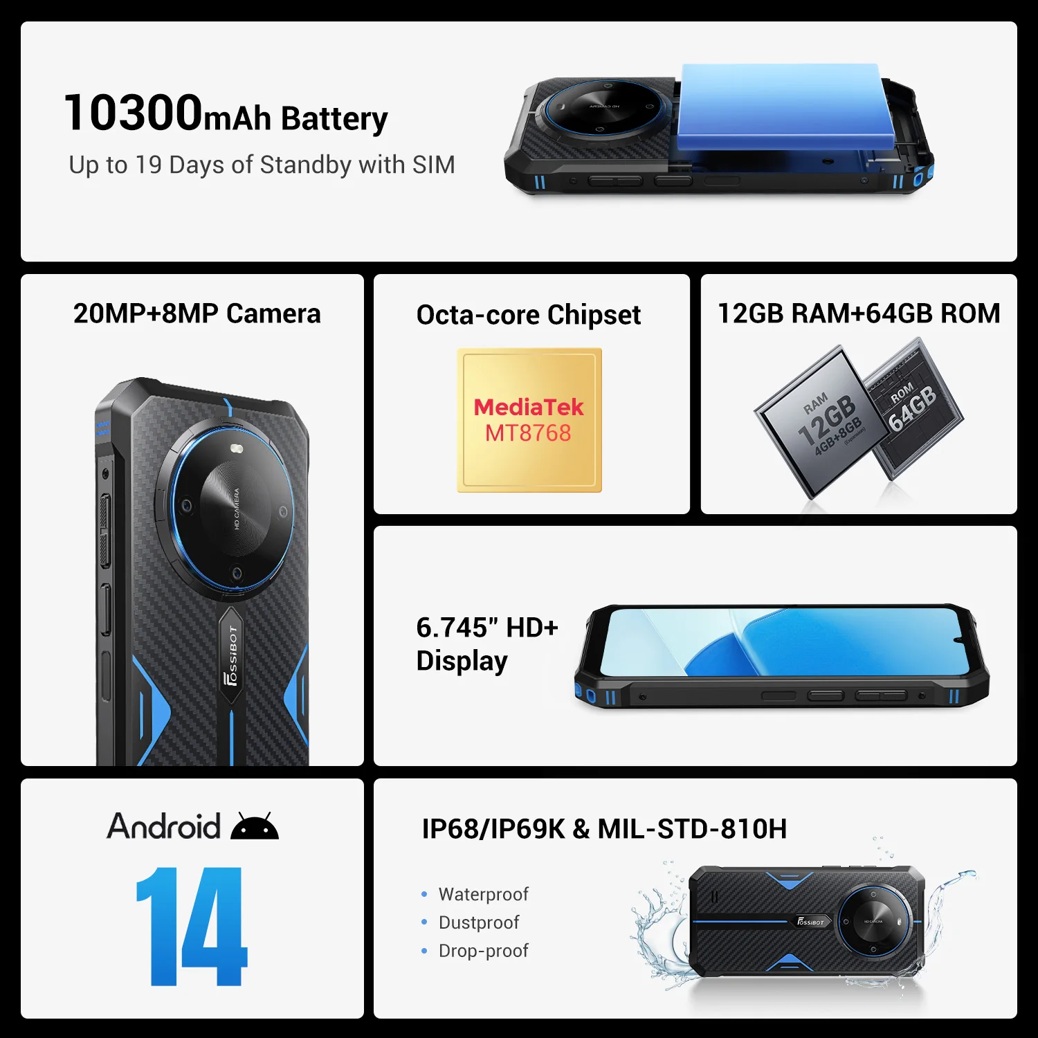 [World Premeire] FOSSiBOT F105 Smartphone robusto Android 14 OS 10300mAh 12 + 64GB Celular Câmera de 20 MP 6,745 "HD + IPS Phone