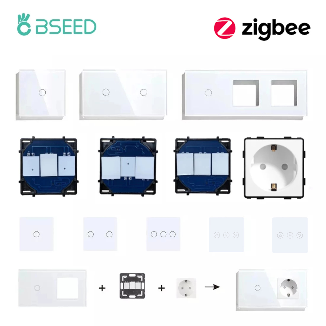 BSEED 1/2/3Gang Smart Zigbee переключатели функциональная часть сенсорное стекло передняя панель настенная розетка европейского стандарта умная вилка DIY Запчасти Бесплатная комбинация