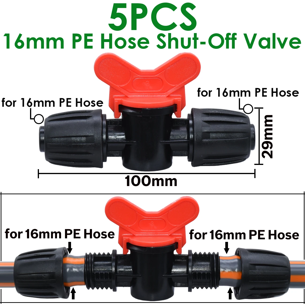 5pcs 1/2'' PE Pipe 16mm Connector Splitter Tee Coupling Threaded Lock to 4/7mm 3/5mm Hose Garden Watering Drip Irrigation