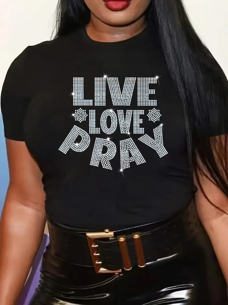 L-5XL プラスサイズの女性 Tシャツスパンコール半袖ラウンドネックルーズ夏トップスファッション黒オーバーサイズレディ Tシャツ 2024