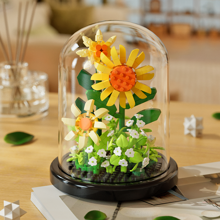 Bouquet de Construction en Pot avec Simulation de Nuit, Puzzle Créatif, Fleur Éternelle, Rose, Décoration de Maison