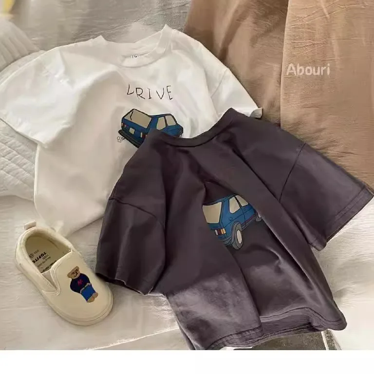 ソリッドカラー Prnted 半袖 Tシャツ夏服男の子ルーズカジュアル O ネック Tシャツ子供服ベビーボーイ Tシャツトップス