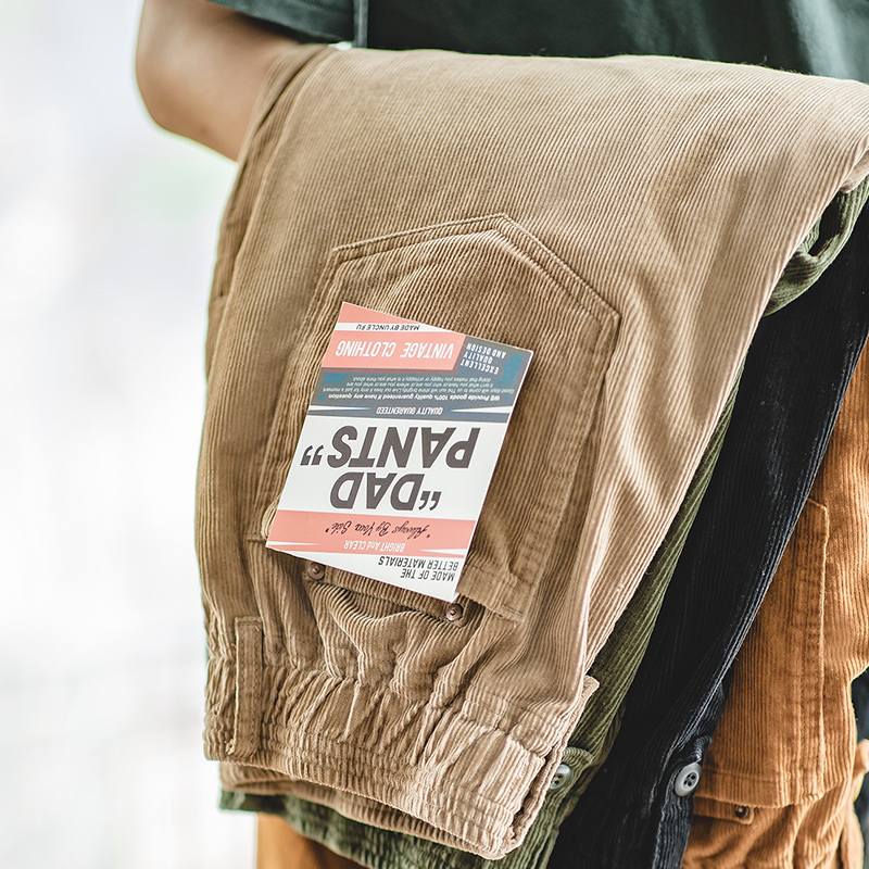 Maden vintage calças de veludo cotelê sólido de cor única corte reto ajuste solto com cintura elástica e bolsos para homens calças casuais clássicas de outono e inverno