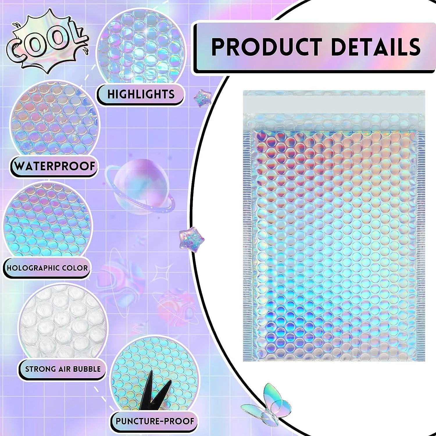 Laser Bubble Mailers Sacos para embalar Produtos, Kpop Suprimentos de Embalagem, Mailer Holográfica, Pacotes de Envio, Small Business, 100Pcs