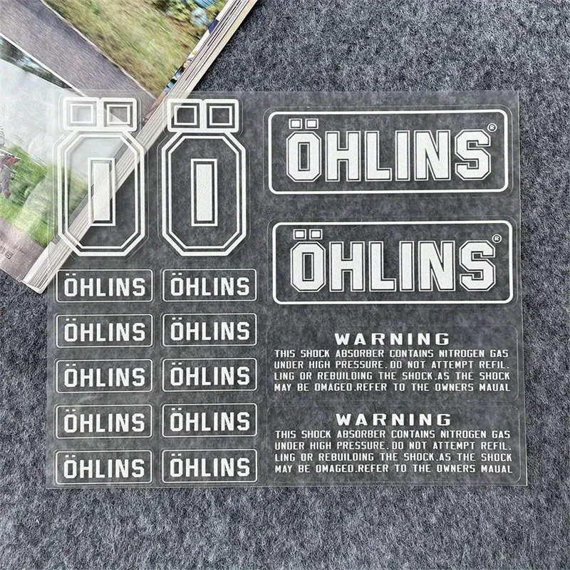 Decalques de motocicleta com amortecedor de suspensão Ohlins - adesivos transparentes com etiquetas de advertência para desempenho aprimorado