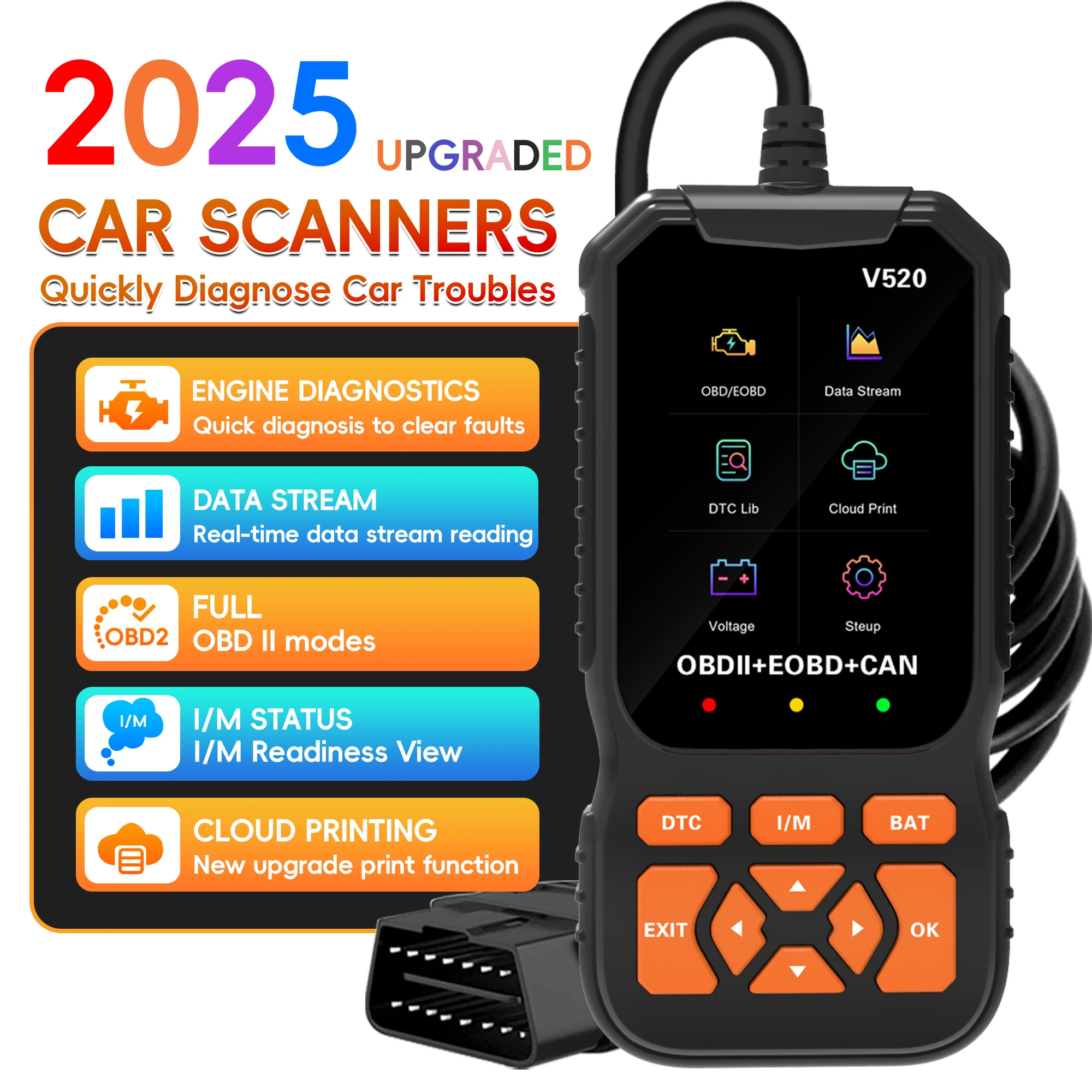 Professional OBD2 เครื่องสแกนเนอร์เครื่องมือวินิจฉัย,Enhanced ตรวจสอบเครื่องยนต์รหัสรีเซ็ต OBDII/EOBD เครื่องมือสแกนวินิจฉัยรถยนต์