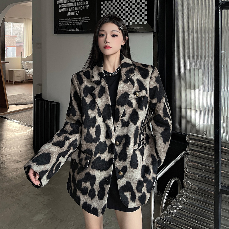 Abrigo con estampado de leopardo para mujer, chaqueta holgada de estilo coreano con diseño de nicho, chaqueta informal Vintage con temperamento, Otoño e Invierno