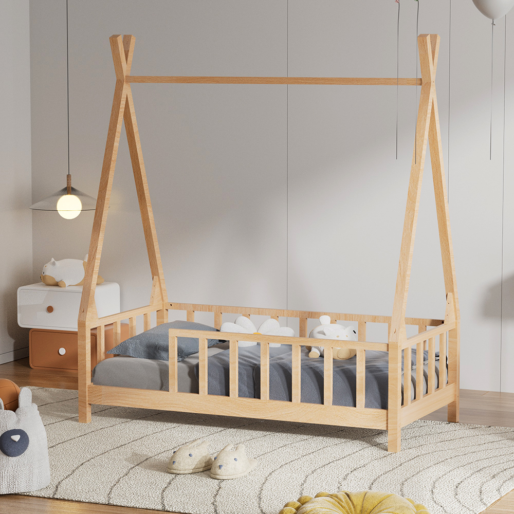 Kid's Premium Pine Wood House Bed Frame with Fence,148cm W x 76cm D x 168cm H