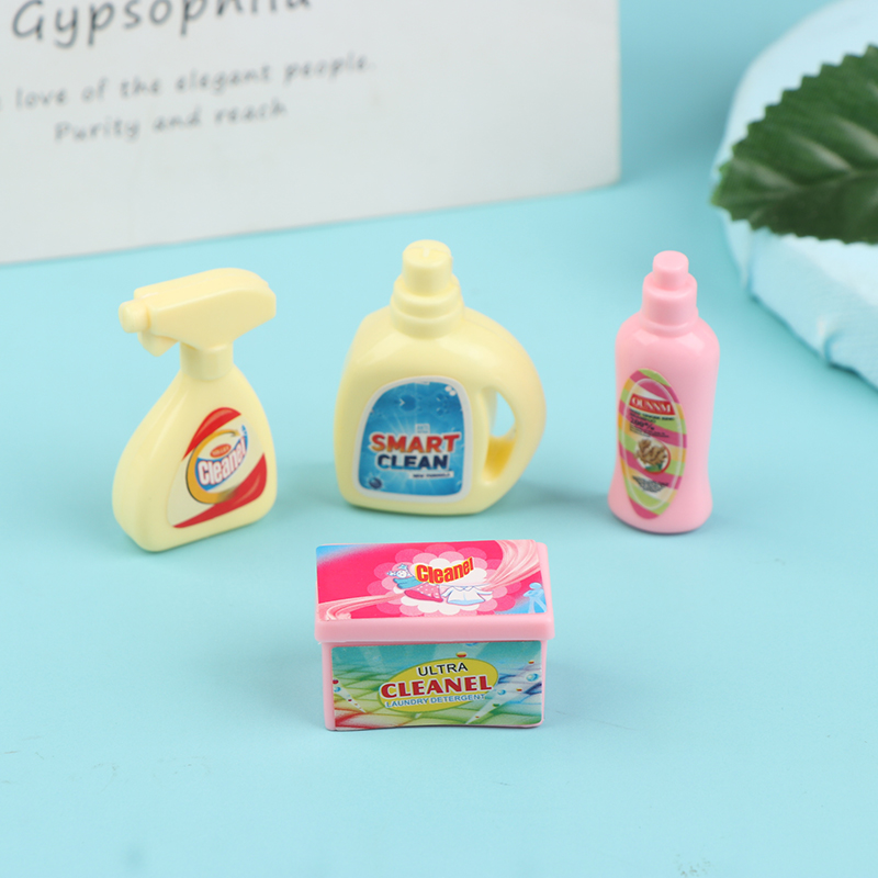 Juego de limpieza en miniatura para casa de muñecas, detergente para ropa, jabón, Kit de lavado para el hogar, juego de simulación, accesorios para casa de muñecas, 1:12, 4 piezas por juego
