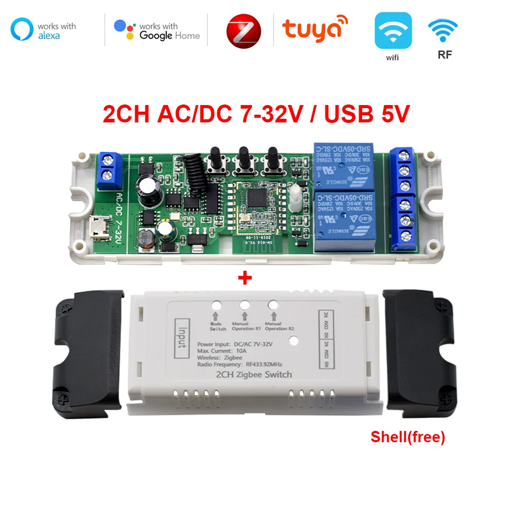 Módulo de relé inteligente Zigbee Tuya de 2 canales, 85-250V, 220V, relé AC DC 12V 24V 7-32V, funciona con Alexa, asistente de Google, interruptor de luz inteligente