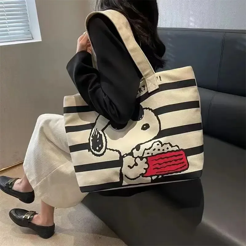 Disney Snoopy น่ารักการ์ตูนผ้าใบความจุขนาดใหญ่กระเป๋าสําหรับนักเรียนหญิงถือหนังสือ Tote กระเป๋าแม่